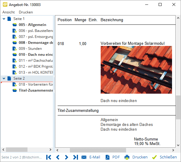 Jemand bereitet das Dach für Solarmodule vor; daneben eine Angebotsliste mit Preisen und Mehrwertsteuer.