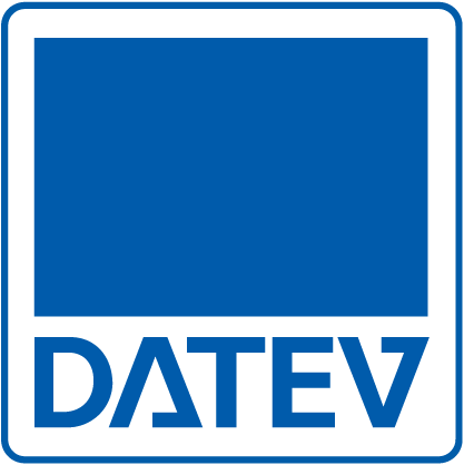 Jemand druckt das blaue DATEV-Logo aus: oben ein großes Quadrat, darunter der Schriftzug, eingerahmt für den nächsten Auftrag.