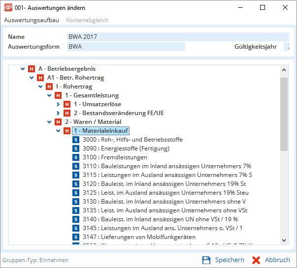 Jemand prüft am Bildschirm die Materialkosten im BWA-2017-Bericht und kann unten speichern oder abbrechen.