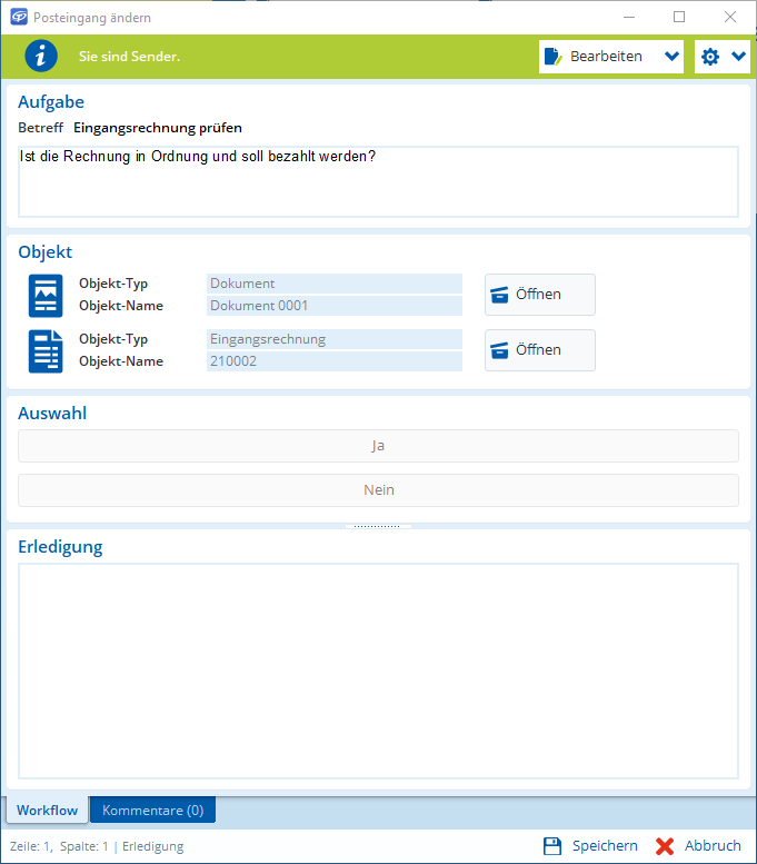Jemand prüft am Computer eine eingehende Rechnung, gibt Details ein, wählt Ja oder Nein und schreibt einen Kommentar dazu.