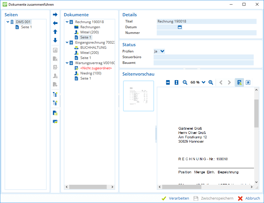 Jemand prüft in einer Software die Details und den Status einer Rechnung mit der Nummer 190018 für einen Geschäftskunden.