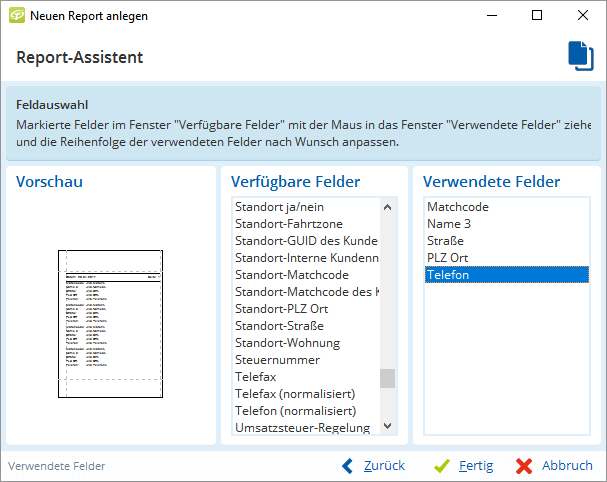 Jemand stellt im Berichtsassistenten die Felder ein und hebt rechts das Feld 