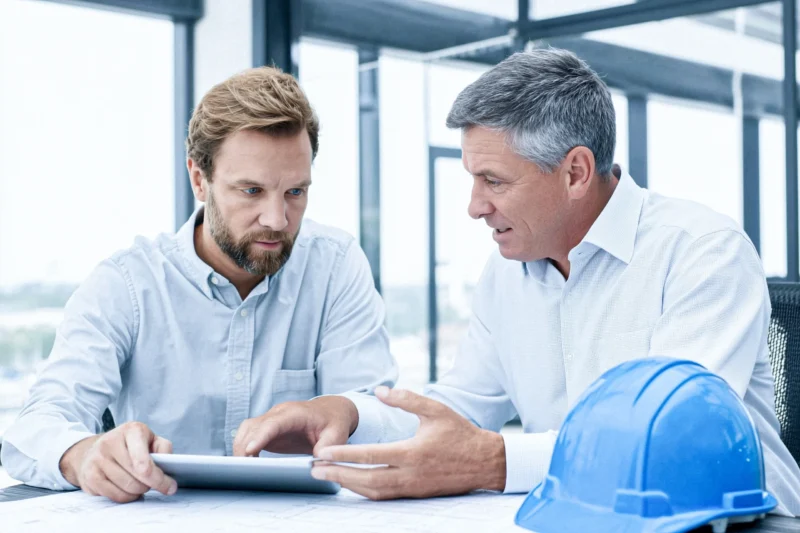 Zwei Männer, mittleren Alters sitzen an einem Schreibtisch und sind in eine Diskussion vertieft.