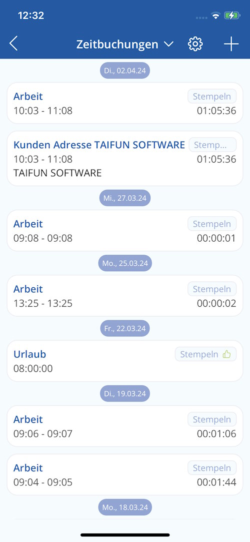 TAIFUN iOS App: Zeitbuchungen